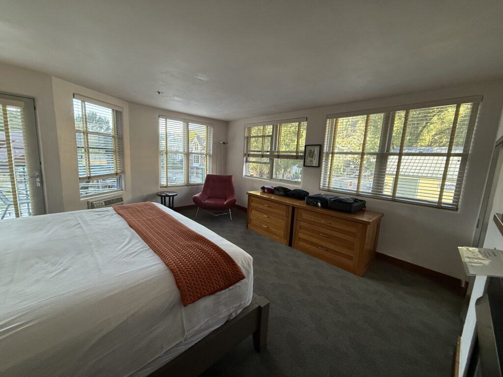 The interior of a room at Camel's Garden with a bed, a chair, two dressers, and the edge of a fireplace.  There are 6 windows plus a door to the deck with a window, filling the room with light.