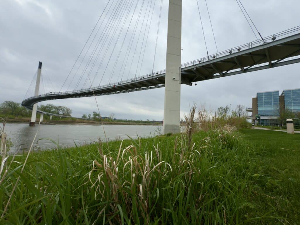 Prairie grass is in the foreground, and the bridge is to the south in the background.