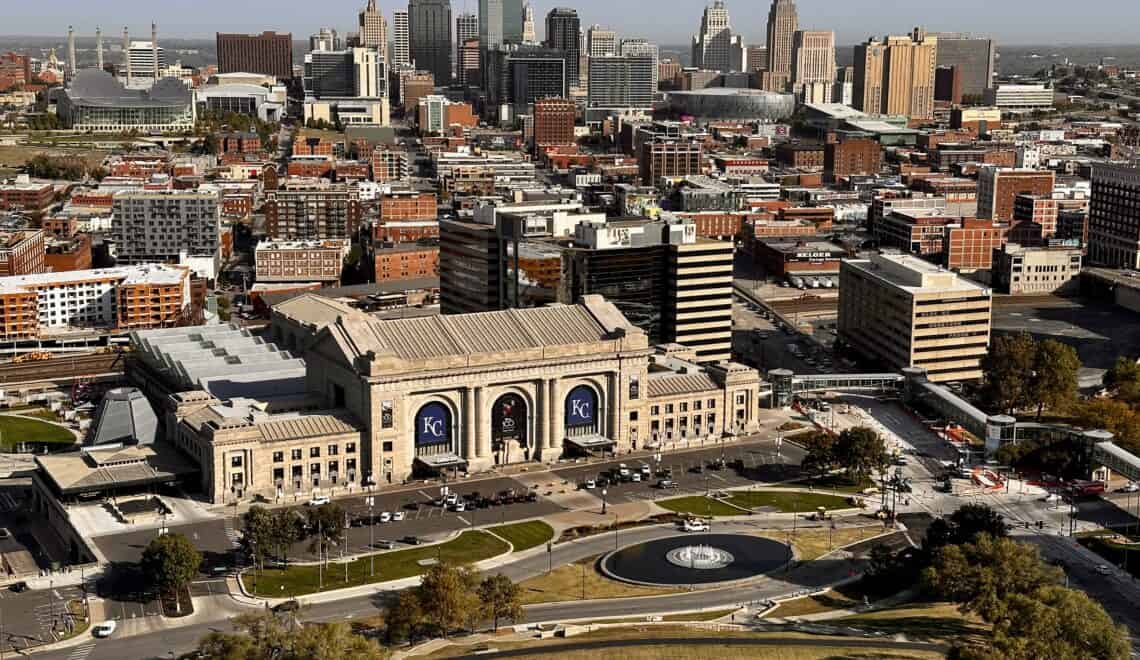 Kansas City skyline in the background, with Union Station in the foreground.