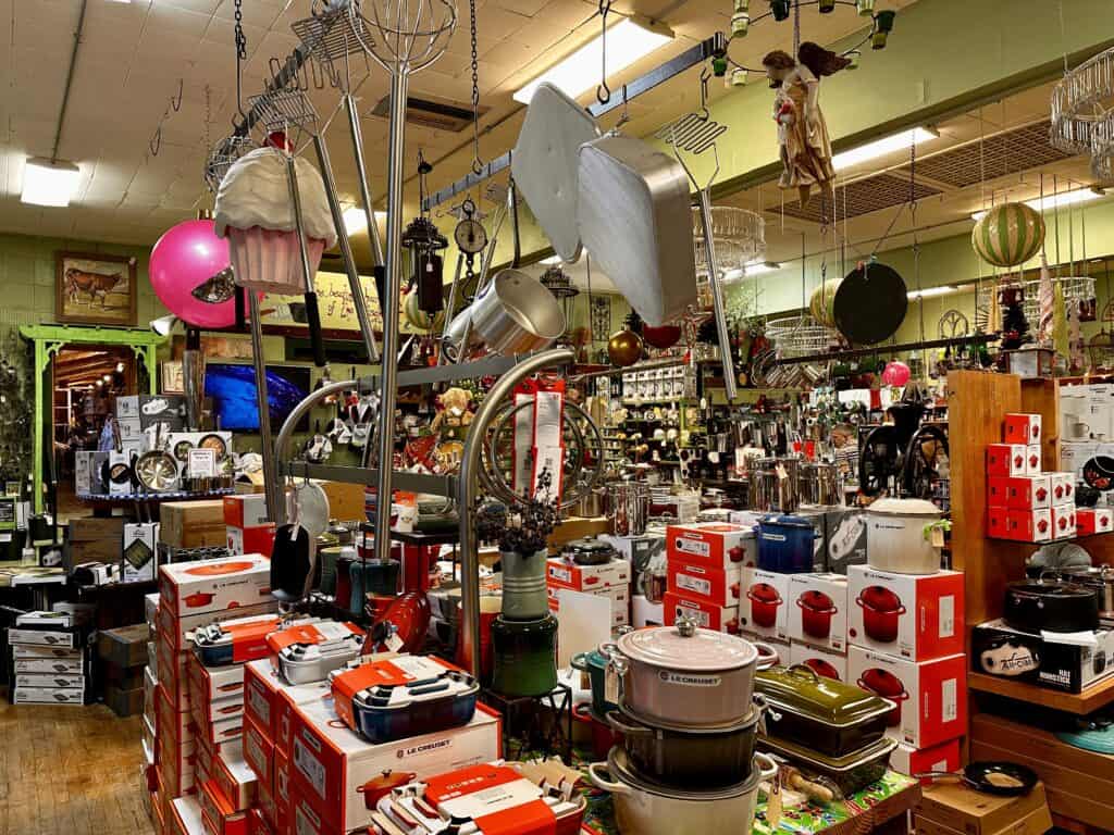 Inside Kansas City's enormous kitchen shop, Pryde's, where products large and small are stacked several feet high and even hanging from the ceiling.