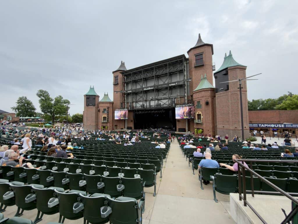 The castle-like stage with turets and abundant seating.